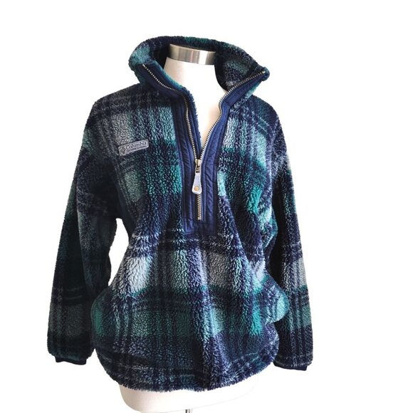 Vintage Columbia Fleece Made in USA‎ Sz Small Plaid Green Blue 1/4 zip - Picture 1 of 14